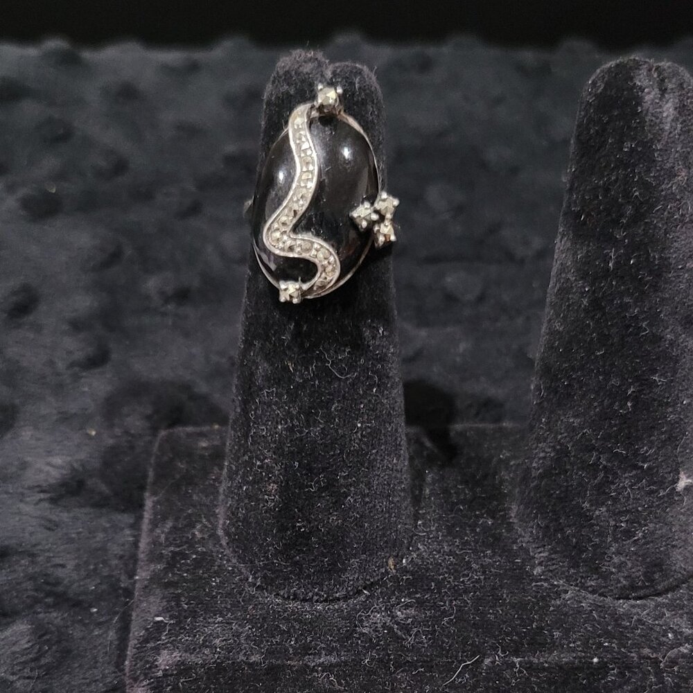 Item #Q310  Sterling Silver Black Onyx Oval with CZs Size 6.5 Ring